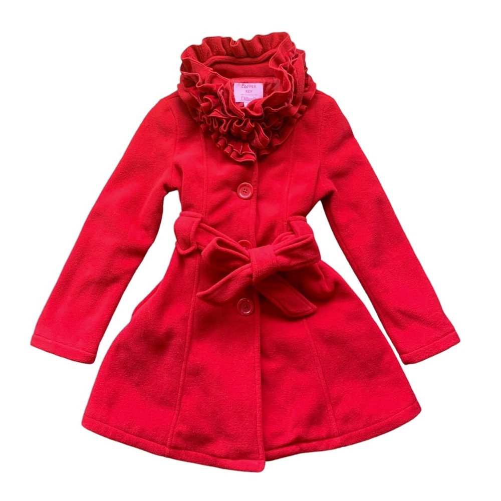 Copper Key For Dillard's Red Belted Ruffle Neck Pea Coat Jacket Girls Small 7/8